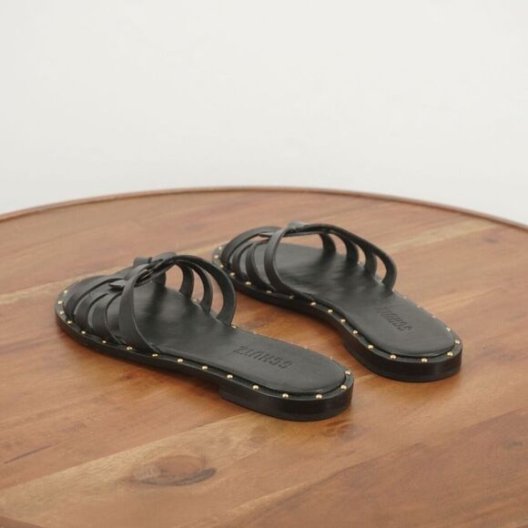 Schutz Womens Phoenix Flats Slide On Sandals Black Leather Gold Studs Size 7.5B - Picture 6 of 11